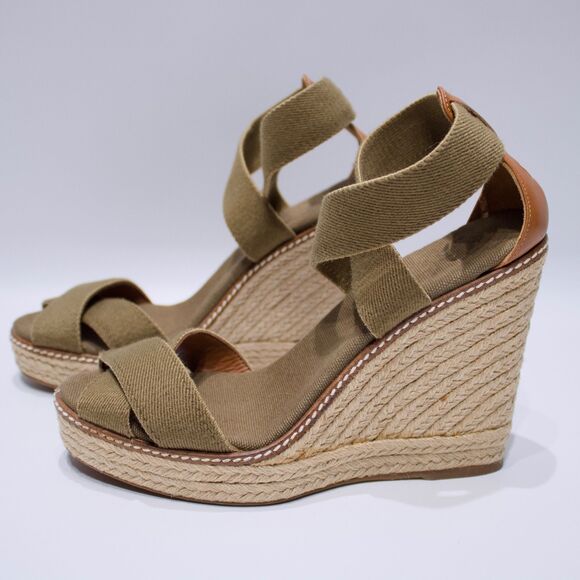 Tory Burch Adonis Wedge Espadrilles Sandals Army Green & Beige Women Size 9B - Picture 2 of 16